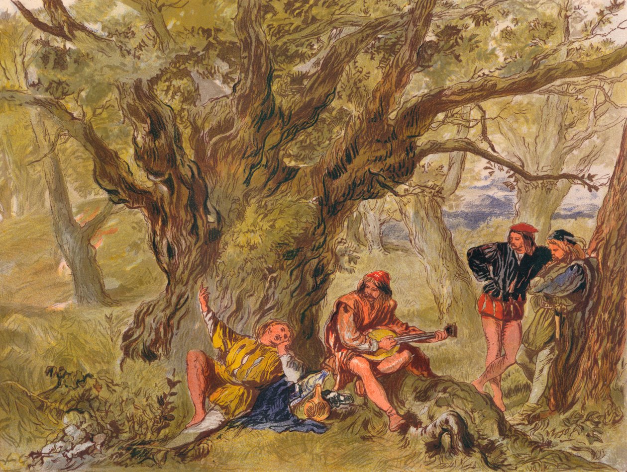 Kuten pidät: II näytös, kohta V. Vihreän puun alla, laulaja Amiens, c1875 tekijältä Sir John Gilbert