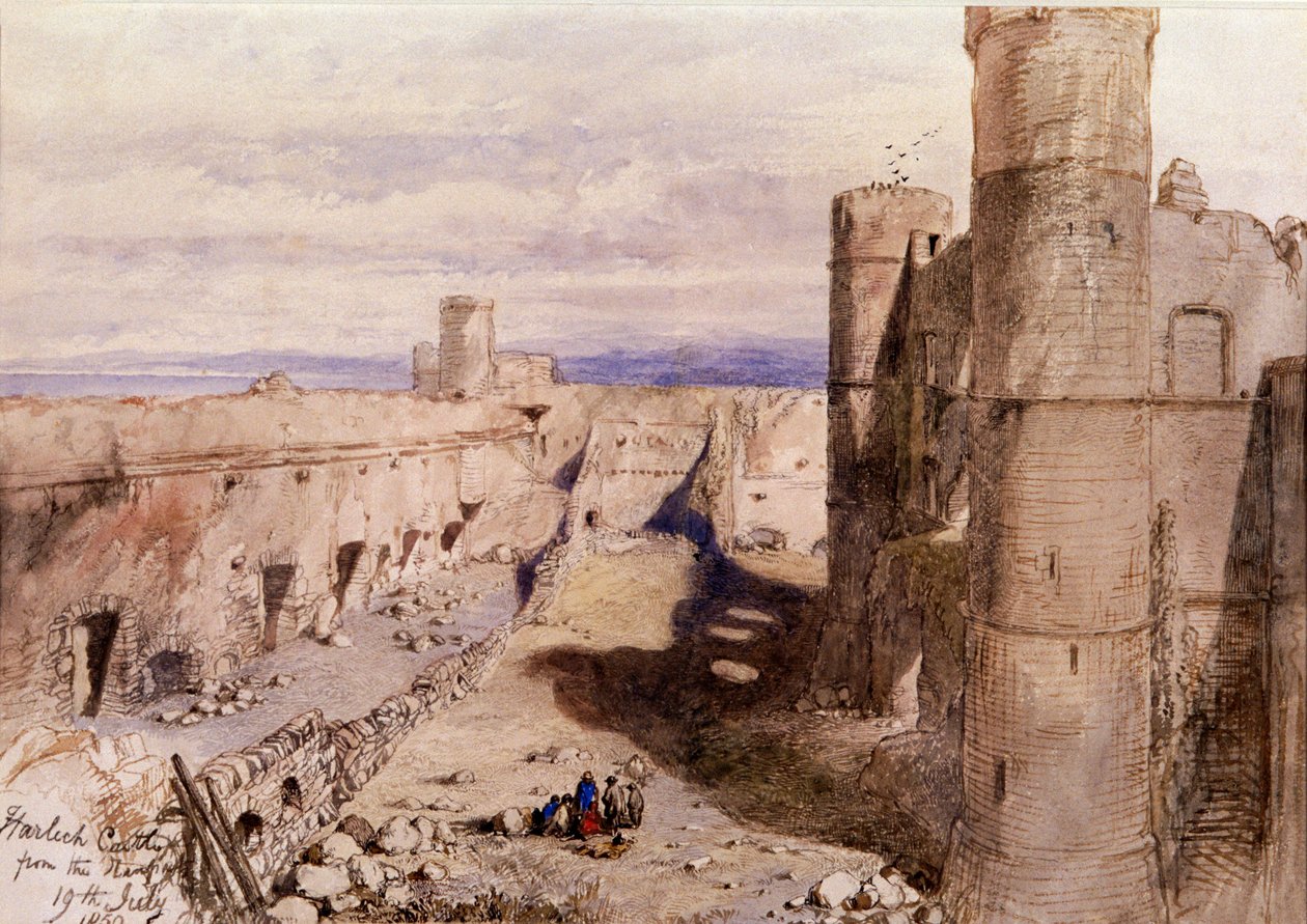 Harlechin linna valleilta, Wales, 1850 tekijältä Sir John Gilbert