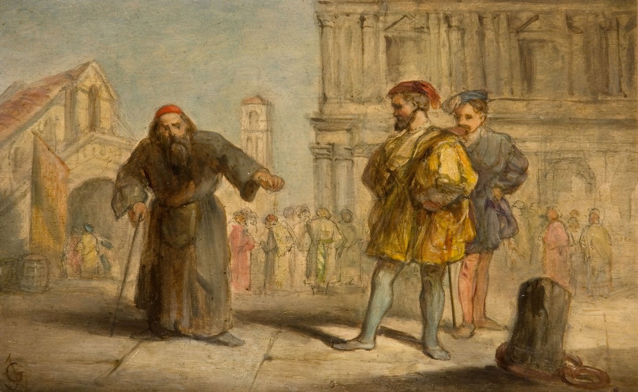 Kohtaus Shakespearen teoksesta Venetsian kauppias, 1865. tekijältä Sir John Gilbert