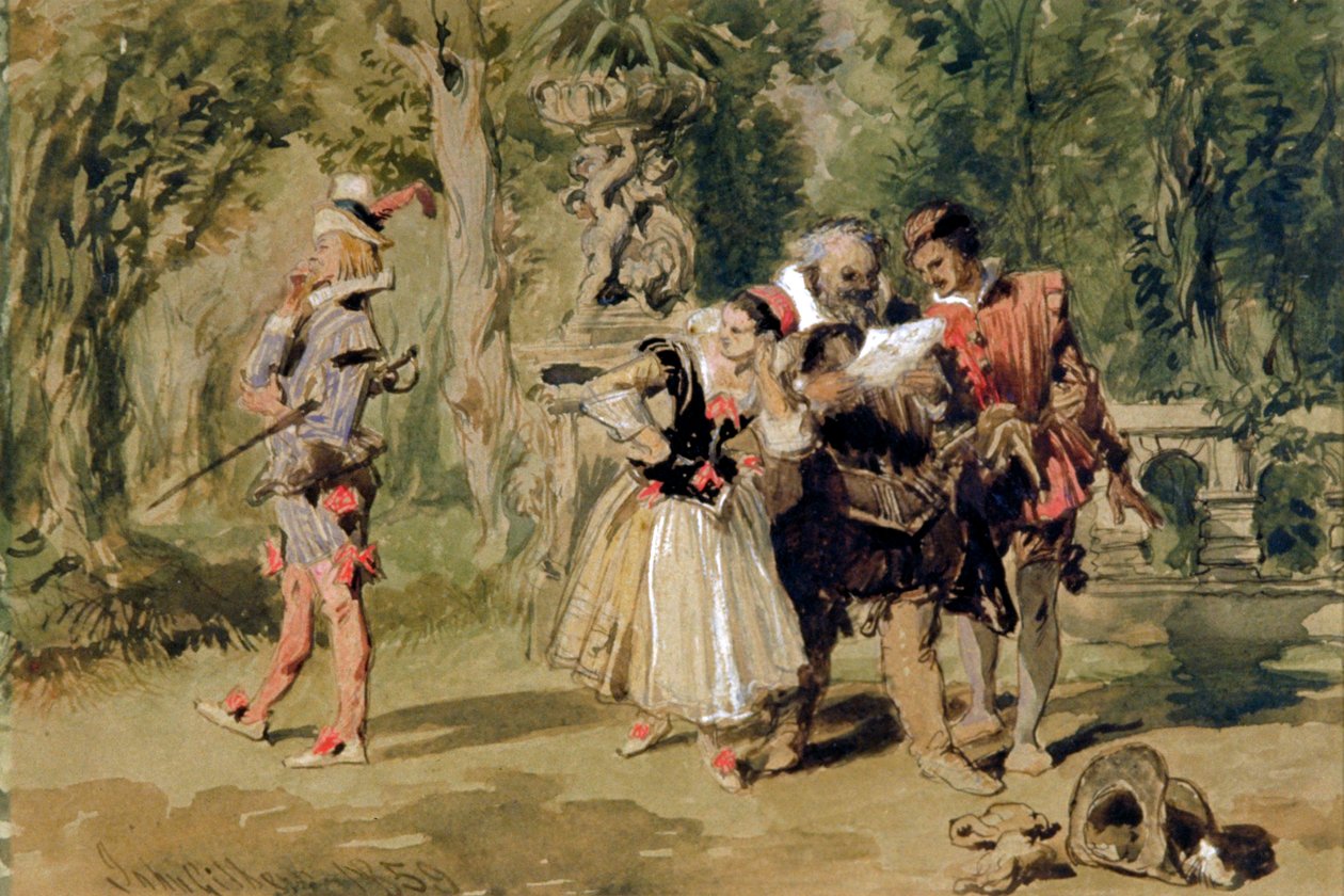 "Sir Andrew Aguecheek kirjoittaa haasteen", 1859. tekijältä Sir John Gilbert