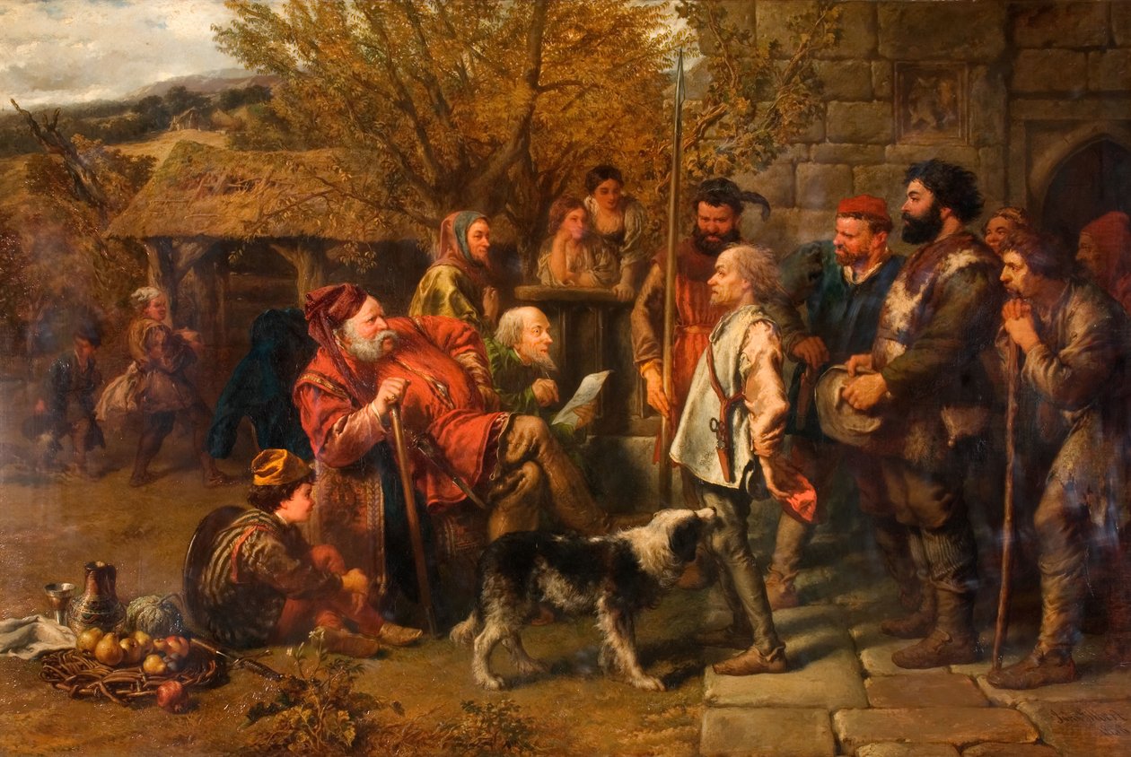 Sir John Falstaff tarkastelemassa rapautunutta rykmenttiään, 1858. tekijältä Sir John Gilbert
