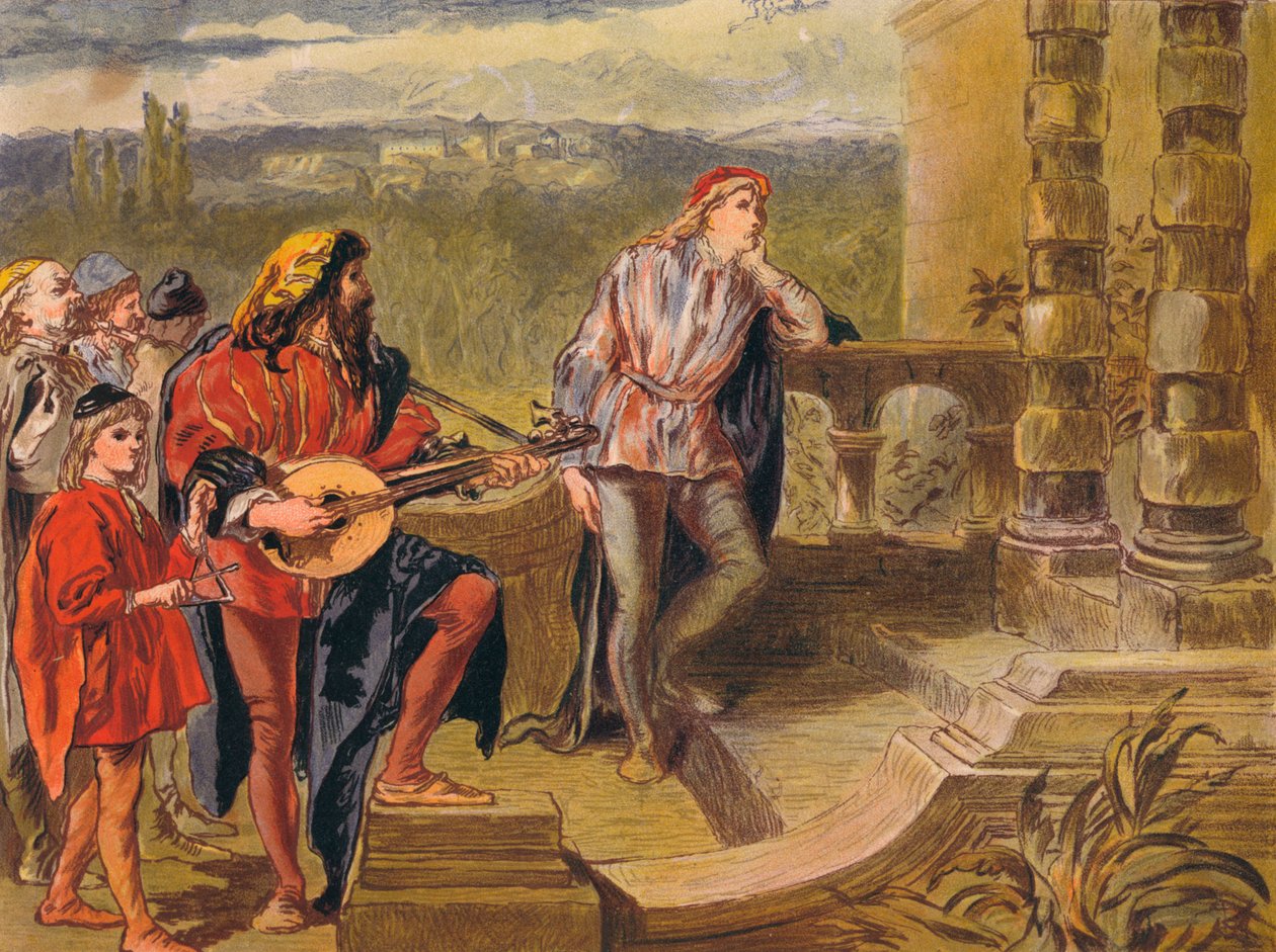 Muusikko laulaa elokuvassa The Two Gentlemen of Verona: Act IV Scene II, c1875 tekijältä Sir John Gilbert