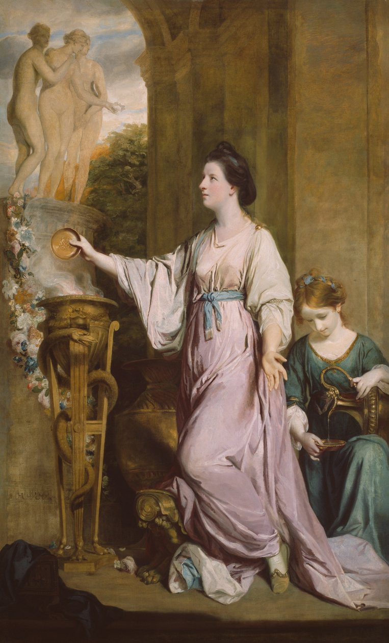 Lady Sarah Bunbury uhraamassa armoille, 1763-65. tekijältä Sir Joshua Reynolds