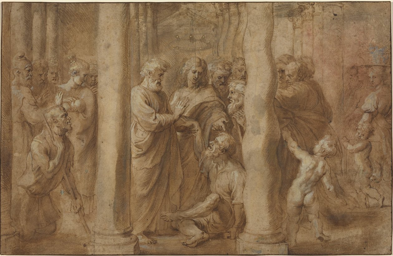 Pyhän Pietarin ja Pyhän Johanneksen parantama ramman miehen ihme tekijältä Sir Peter Paul Rubens over Anonymous Italian after Parmigianino after Raphael