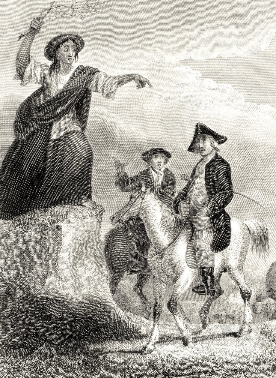 Meg Merrilies ennustaa Ellangownin talon kaatumista, piirros Sir Walter Scottin (1771-1832) Guy Manneringista, julkaistu 1820 tekijältä Sir William Allan