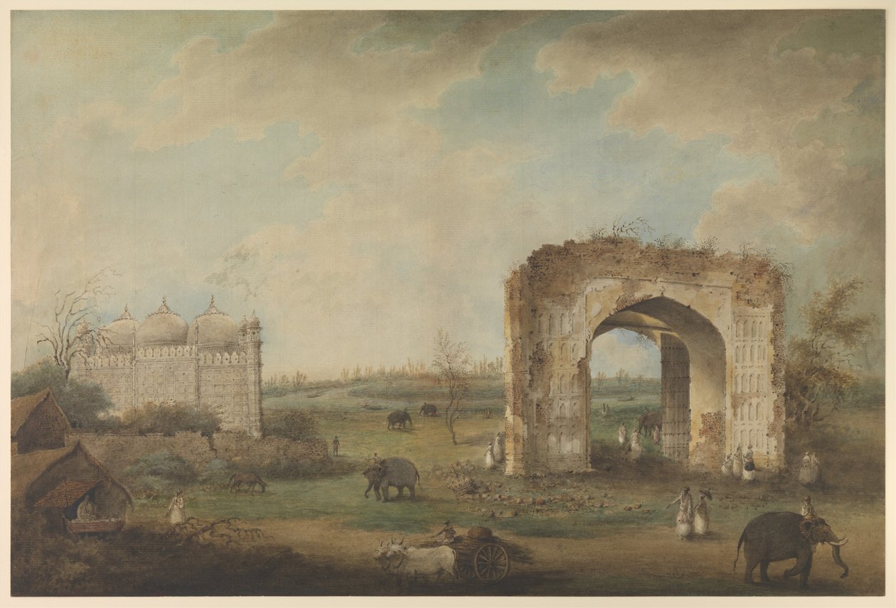 Näkymä moskeijasta ja portista Motijhilissa, n. 1814–1823 (läpinäkymätön akvarelli paperille) tekijältä Sita Ram (attr. to)