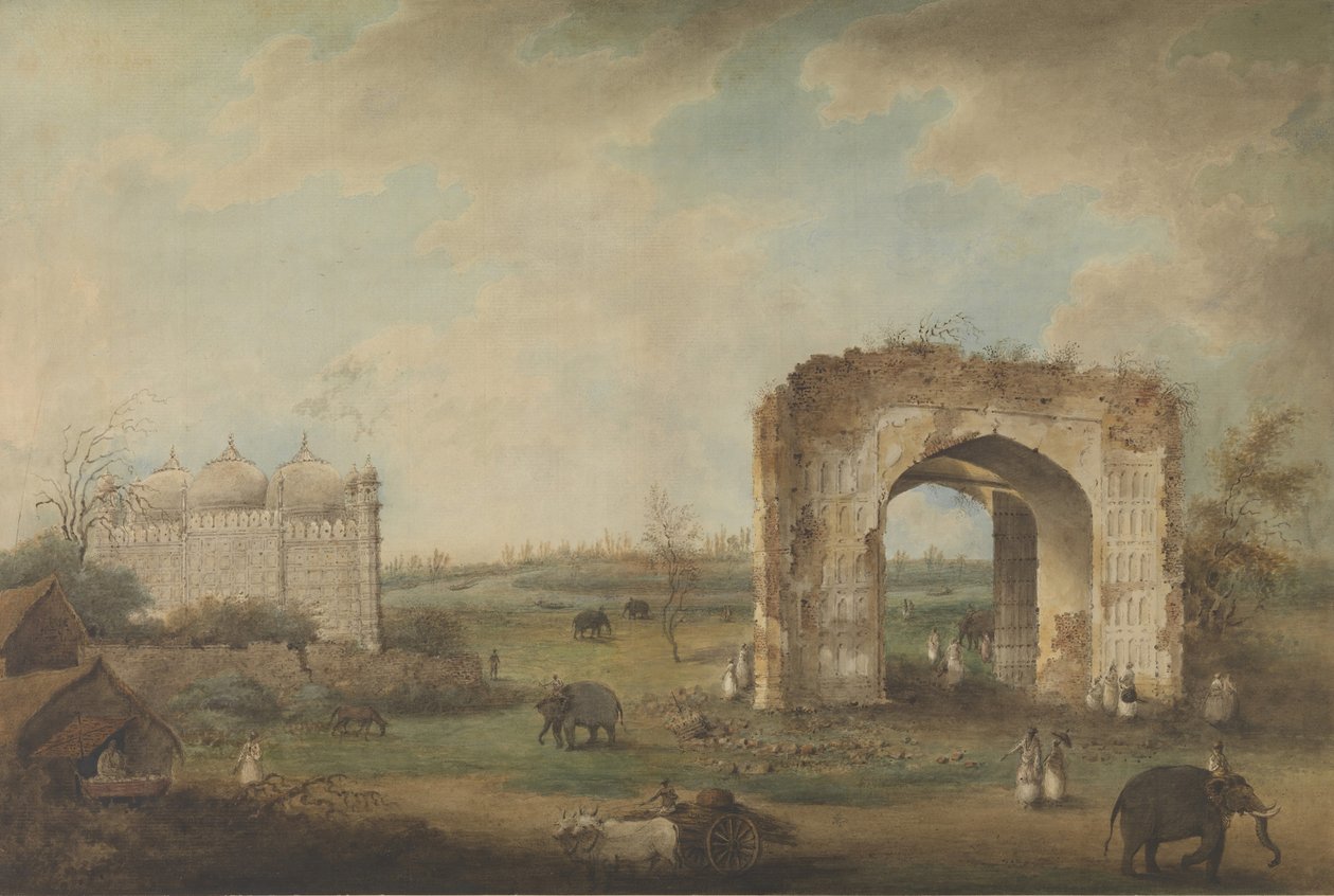 Näkymä moskeijalle ja portille Motijhilissa, n. 1814-23. tekijältä Sita Ram.