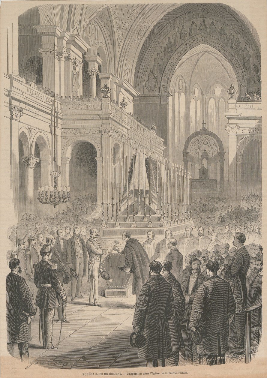 Gioacchino Rossinin hautajaiset. Vihkiminen Pyhän Kolminaisuuden kirkossa, 1868. tekijältä Smeeton and Cie . Cosson