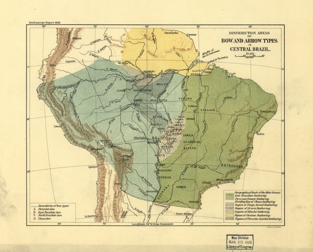 Jousi- ja jousityyppien levinneisyysalueet Keski-Brasiliassa. LOC 2003627075 tekijältä Smithsonian Institution