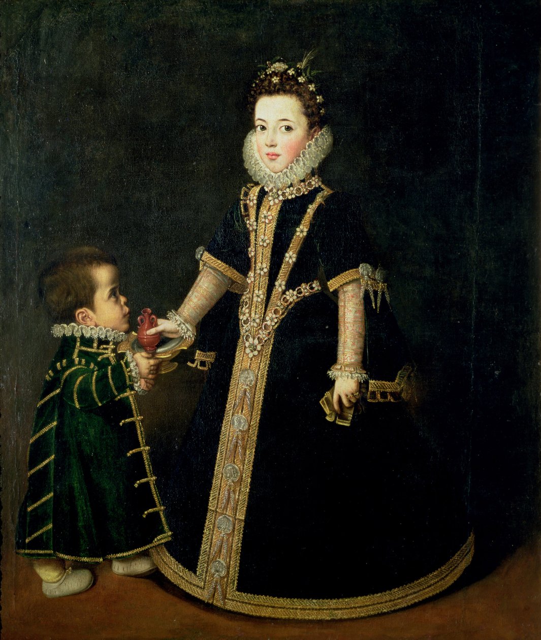 Tyttö kääpiöineen, luullaan olevan Savoyn herttuan ja herttuattaren tyttären Margaritan muotokuva, n. 1595 tekijältä Sofonisba Anguissola