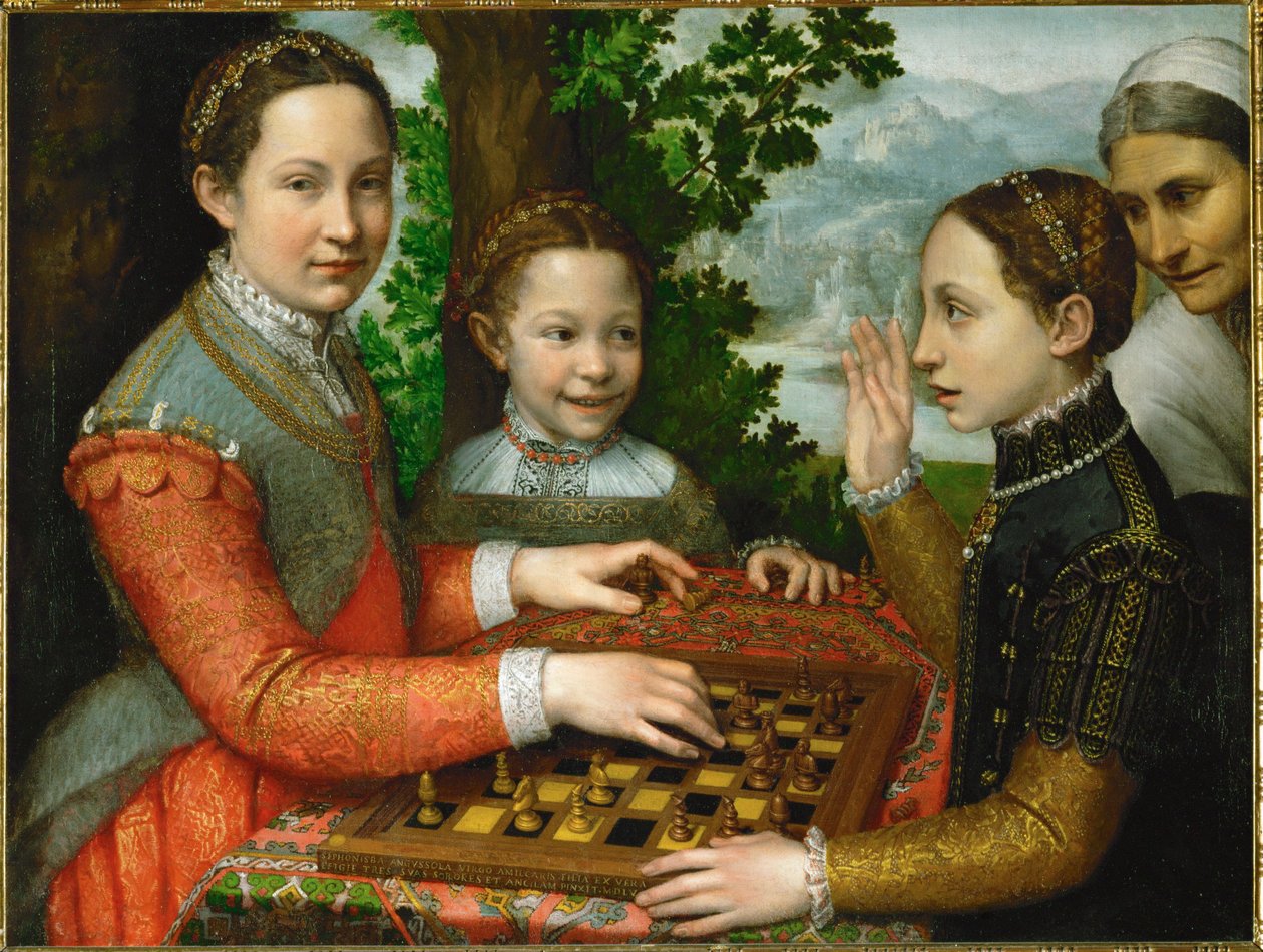 Shakkipeli, johon osallistuvat maalarin kolme sisarta ja palvelija. tekijältä Sofonisba Anguissola