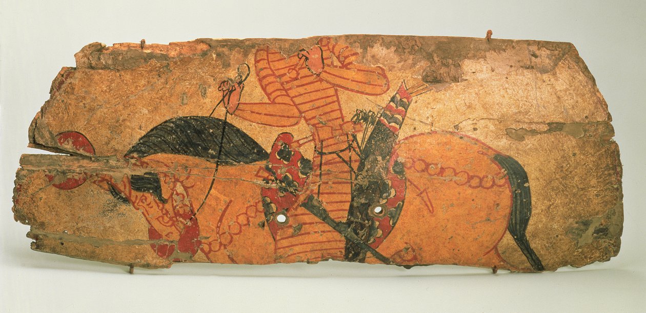 Kilpi, löydetty Qalai Mughin (Zoroastrian linnan) raunioista, 1600-luvun loppu - 1700-luvun alku (puu, nahka ja maali) tekijältä Sogdian Sogdian