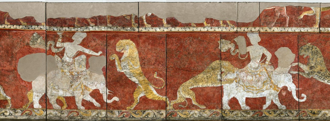 Sogdia - Sogdiana - Sogdian Art : Seinämaalaus Varakhshan palatsin punaisesta salista. Kappale. Fresko, 7.-8. vuosisadalla, valtion Eremitaaši, Pietari tekijältä Sogdian Sogdian