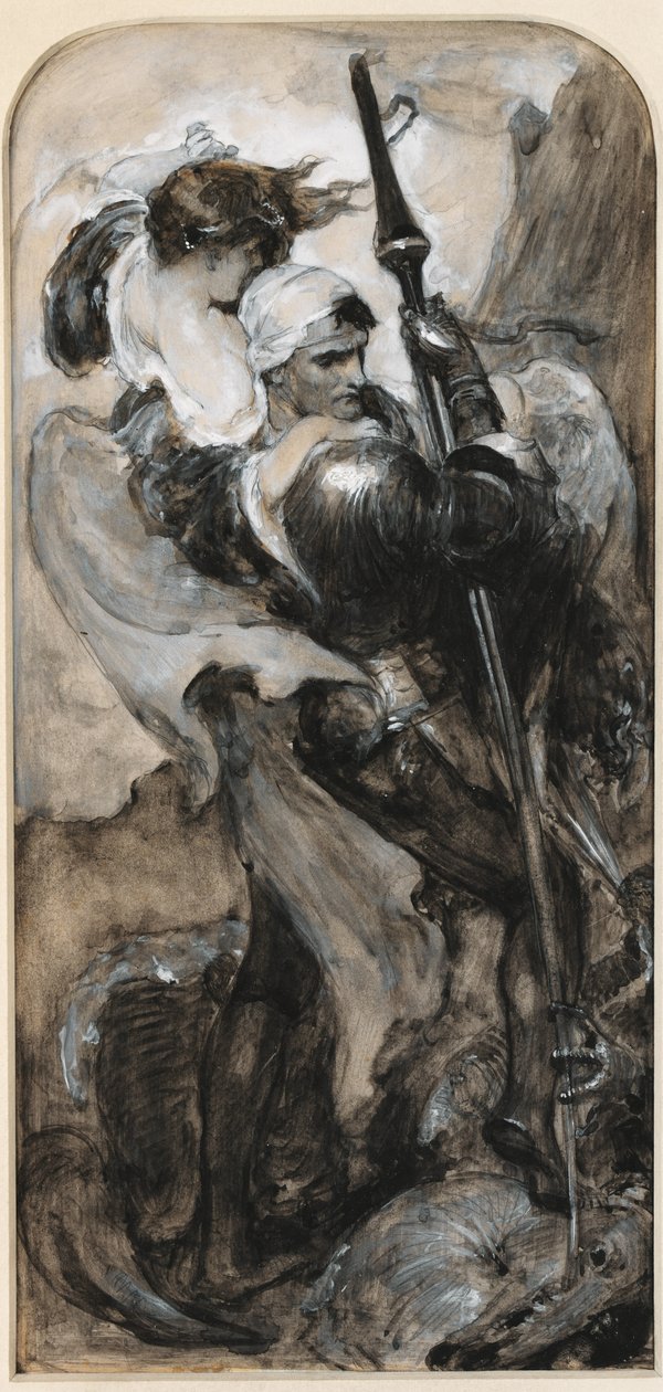 Study for St. George (lyijykynä ja harmaa pesu, korostettu valkoisella) tekijältä Solomon Joseph Solomon