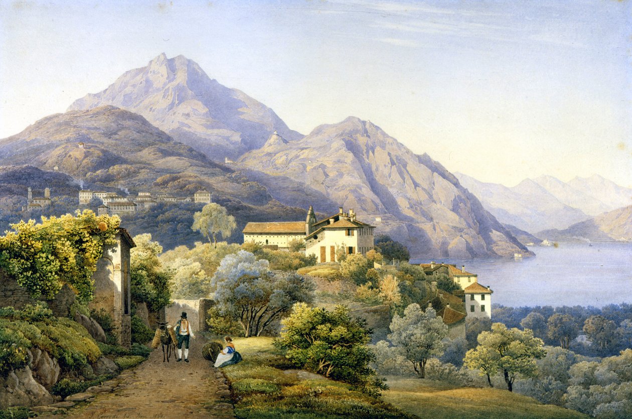 Como. Menaggio. Loveno ja Mount Groma. 1840. S. Corrodin maalaus. Menaggio, Como . tekijältä Solomon Corrodi