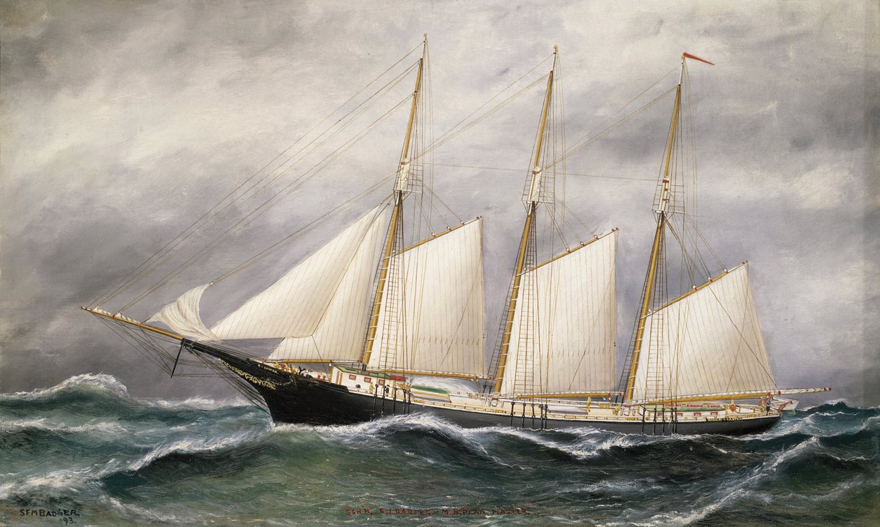 Kuunari "Robert Ingle Carter" täydessä purjeessa, laskettu vesille vuonna 1891 Bostonissa (Massachusetts, Yhdysvallat) Newportissa (Rhode Island, Yhdysvallat) toimivan hiilikauppiaan lukuun. tekijältä Solon Francis Montecello Badger