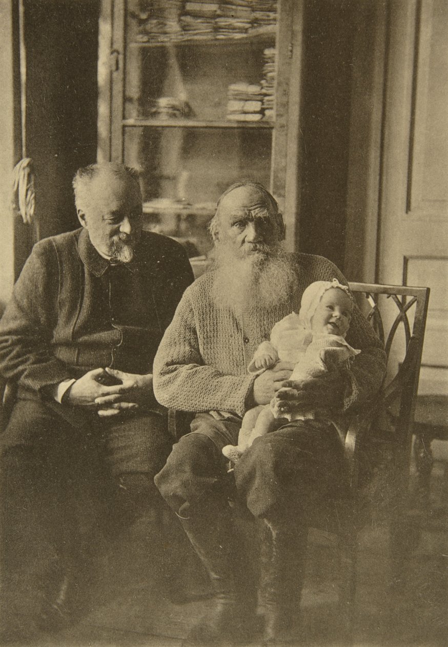 Venäläinen kirjailija Leo Tolstoi vävynsä ja tyttärentyttärensä kanssa, Venäjä, c1905-c1906 tekijältä Sophia Andreevna Tolstaya