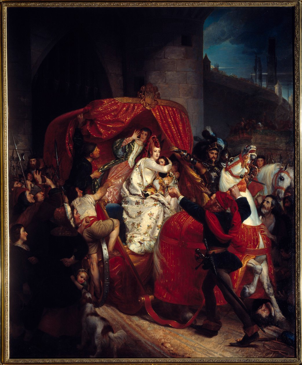 Bruggen kapina 1436: "" Burgundin herttuatar Bruggen porteilla""" Portugalilainen Isabella (1397-1471) pidätettiin poikansa Kaarle Temeraryn kanssa linnoitusten alla. Sophie Ruden (1797-1867) maalaus 1841 su. 1,84 x 1,5 m Dijon, Museum of F tekijältä Sophie Rude