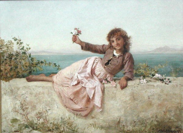 Kukkamyyjä Caprilla, Italiassa, n. 1875 (öljy kankaalle) tekijältä Sophie Anderson