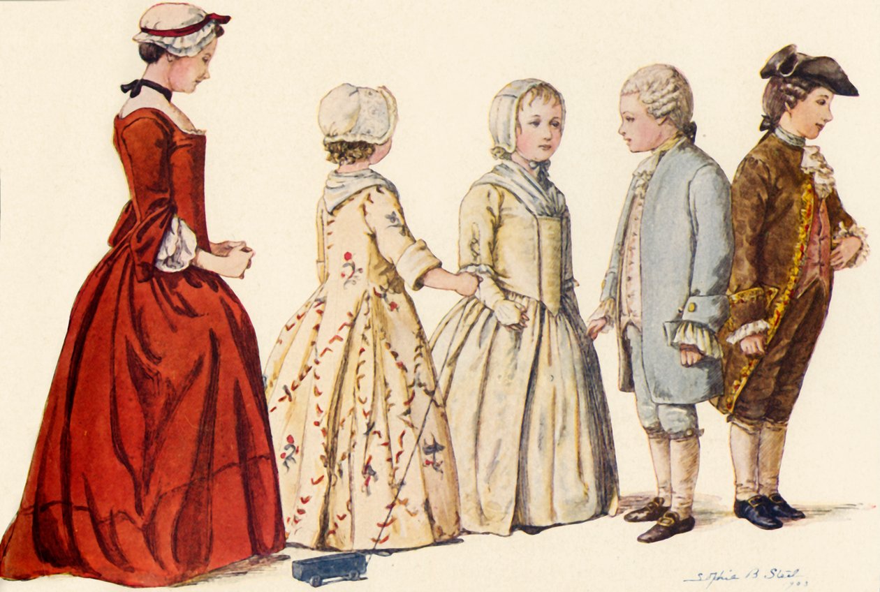Lasten puku kuningatar Annen, Yrjö I:n, II:n ja III:n hallituskaudella 1702-1790, 1903, 1937. tekijältä Sophie B. Steel