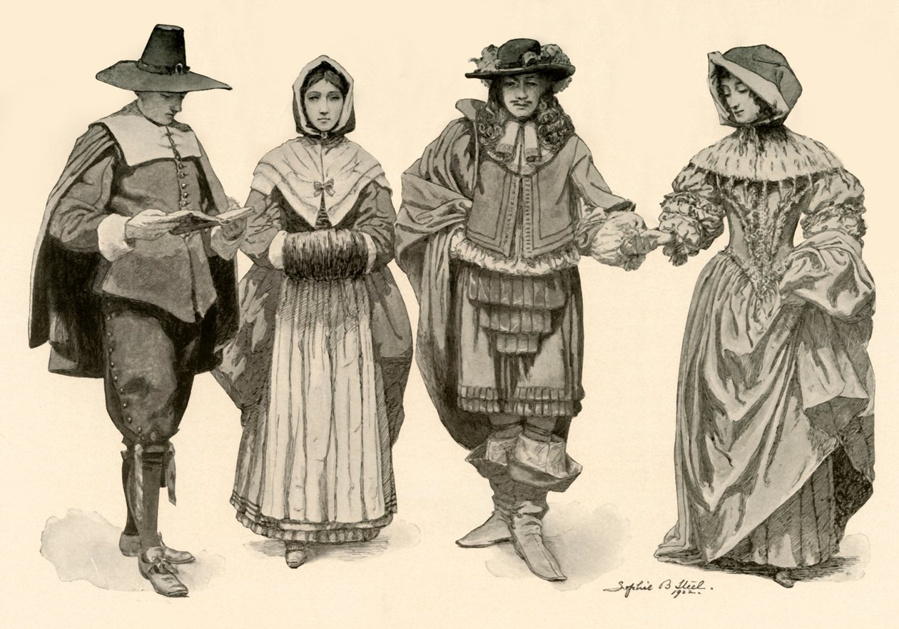 Vaatteet ajalta 1620-1670, 1903, 1937. tekijältä Sophie B. Steel