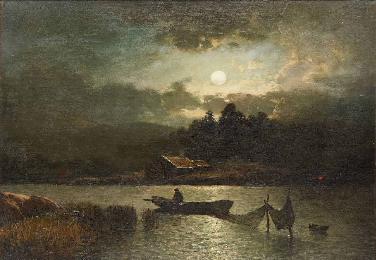 Kalastus verkkoilla Moonlightilla (öljy kankaalle) tekijältä Sophus Jacobsen