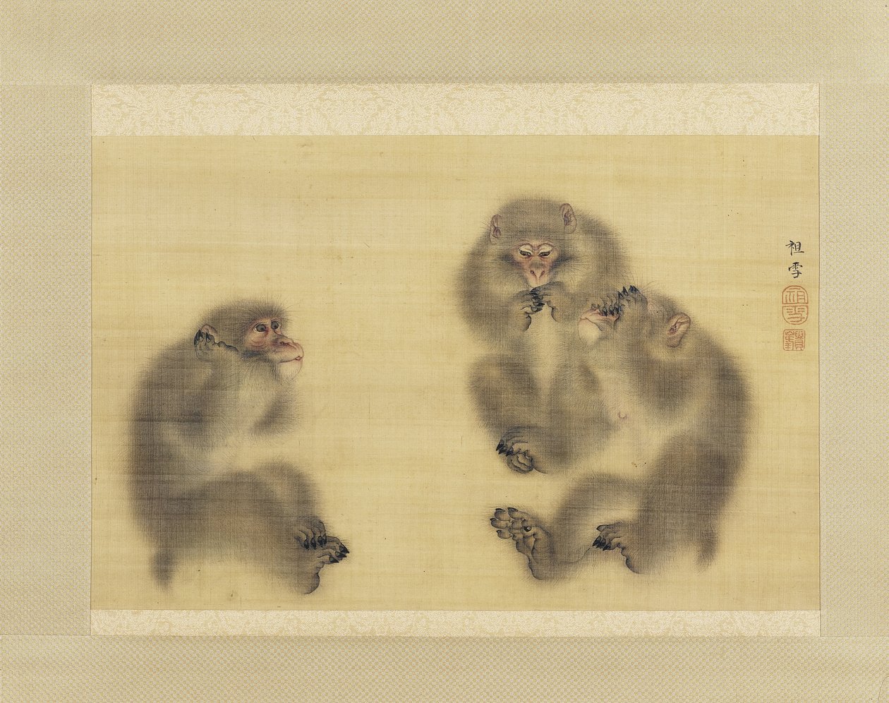 Apinat: Hear No Evil, See No Evil, Speak No Evil, n. 1820 (muste ja väri silkillä) tekijältä Sosetsu Mori