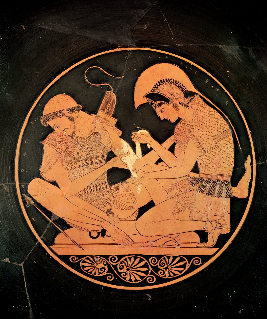 Vulcista, n. 500 eaa., sijaitsevan ullakon punaisen kylix-hahmon sisäpuoli, joka kuvaa Akhilleusta hoitamassa haavoittuneita patrokleita (keramiikka) tekijältä Sosias Painter