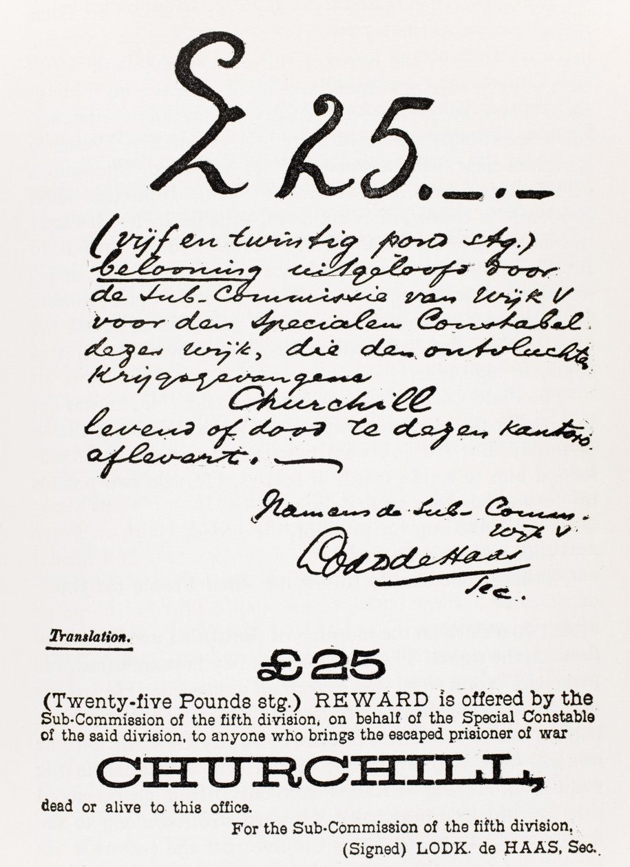 Etsittiin juliste paenneelle sotavangille Churchillille, Scribnerin julkaisijasta "A Roving Commission by Winston S. Churchill", 1930 tekijältä South African School