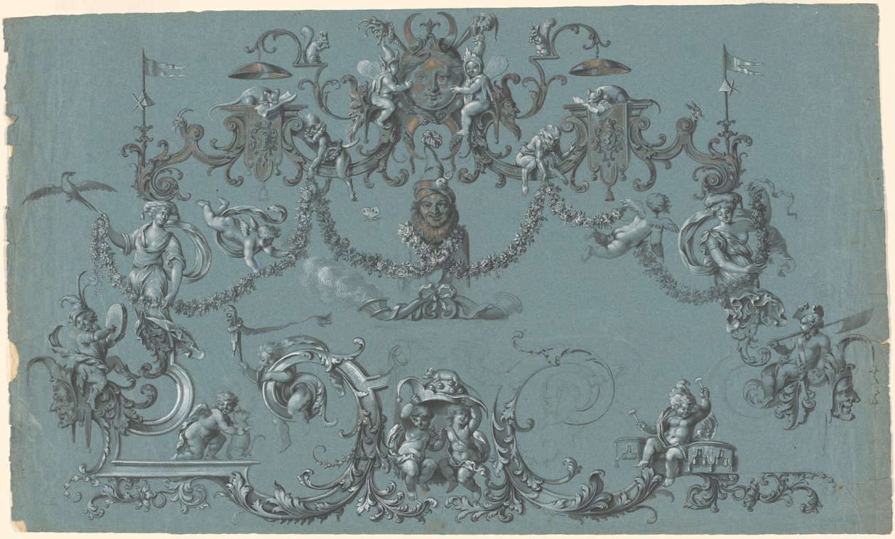 Arabeskeja leikkivän puttin, eläinten ja jestereiden kanssa tekijältä South German 18th Century