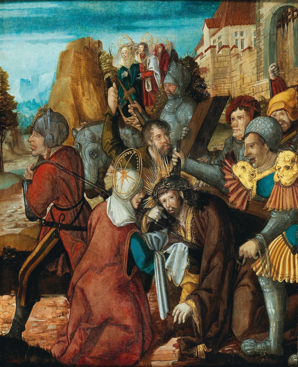 Pyhä Veronica esittelee verhoaan Kristukselle matkalla Golgatalle, noin 1515-1520. tekijältä Southwest German master.