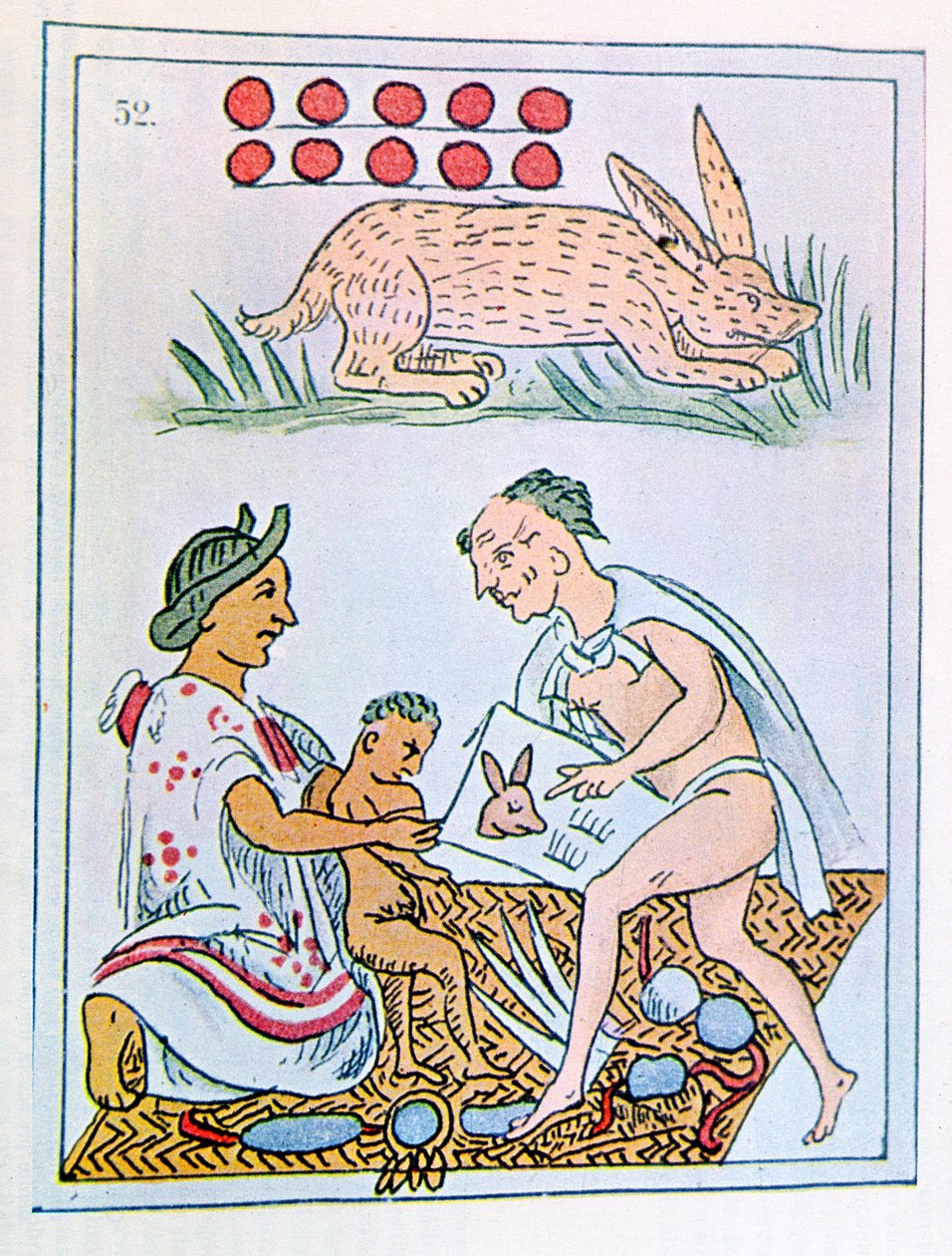 Faksimile historiallisen firenzeläisen koodeksin sivusta, joka kuvaa äitiä kuuntelemassa ennustuksia pojastaan, syntyi 10. Rabbit (värilitografia) tekijältä Spanish Colonial