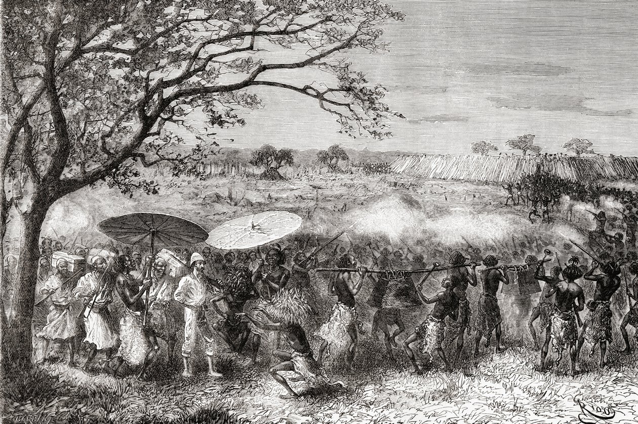 Kongolainen heimo seuraa tutkimusmatkailija Pietro Paolo Savorgnan di Brazzan ja hänen retkikuntansa mukana kyläänsä, vuodelta 1888 peräisin oleva teos "Africa Pintoresca". tekijältä Spanish School