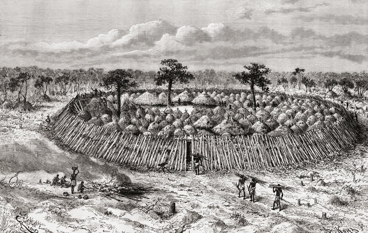 Kongolainen kylä 1800-luvun puolivälissä, "Africa Pintoresca", julkaistu 1888 tekijältä Spanish School