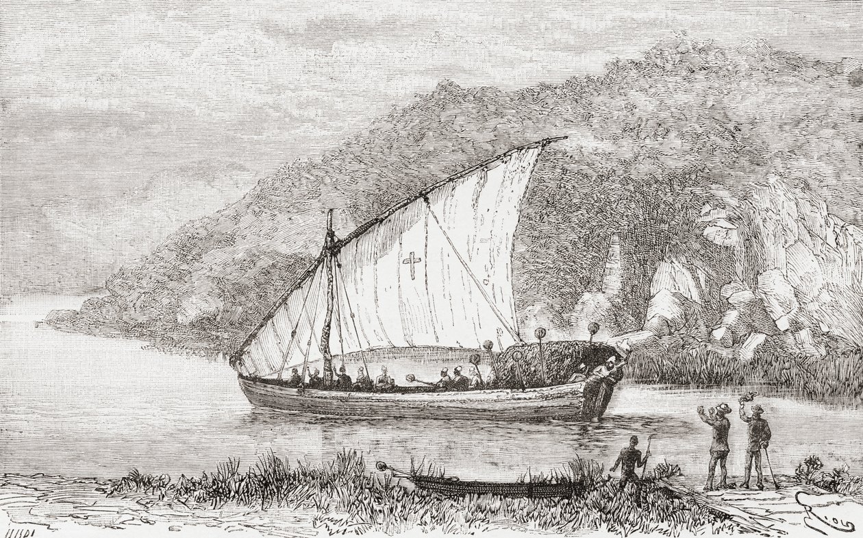 Dhow Kongo-joella 1800-luvulla, "Africa Pintoresca", julkaistu 1888 tekijältä Spanish School