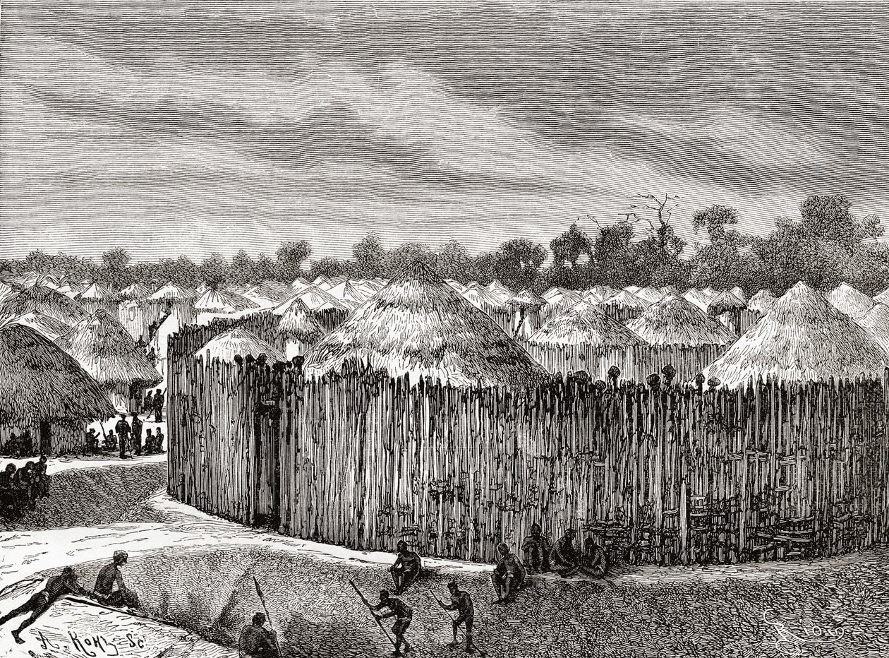 Kylä Keski-Afrikassa 1800-luvulla, julkaisusta "Africa Pintoresca", 1888. tekijältä Spanish School