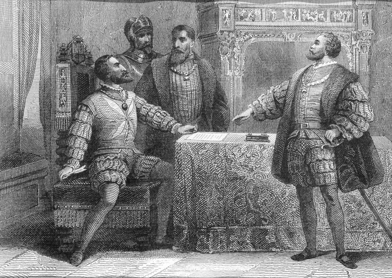 Espanjalainen Carlos V (1500-58) ja ranskalainen Francois I (1494-1547) allekirjoittivat Madridin sopimuksen 14. tammikuuta 1526 tekijältä Spanish School