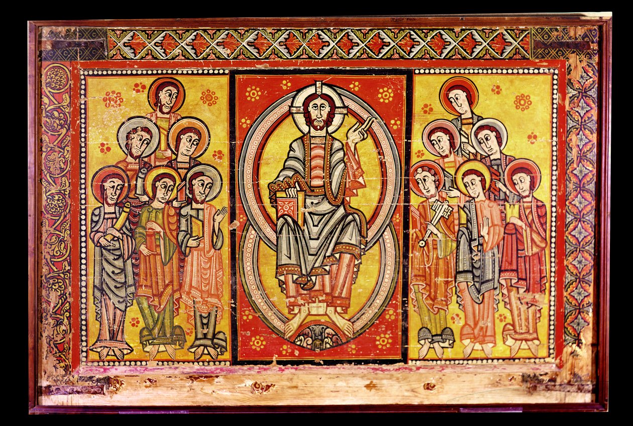 Kristus Majesteetissa kahdentoista apostolin ympäröimänä (tempera paneelissa) tekijältä Spanish School