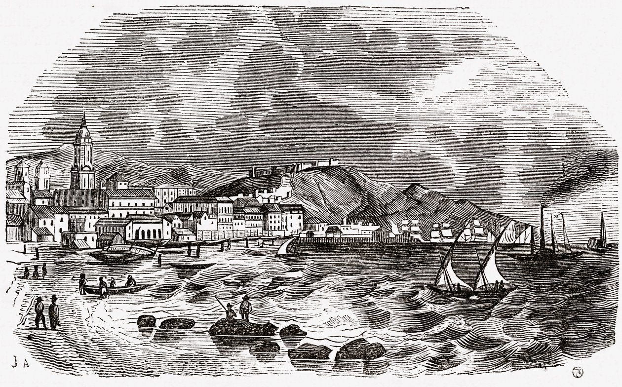 Malagan kaupunki ja satama, Espanja, 1800-luvun puoliväli tekijältä Spanish School