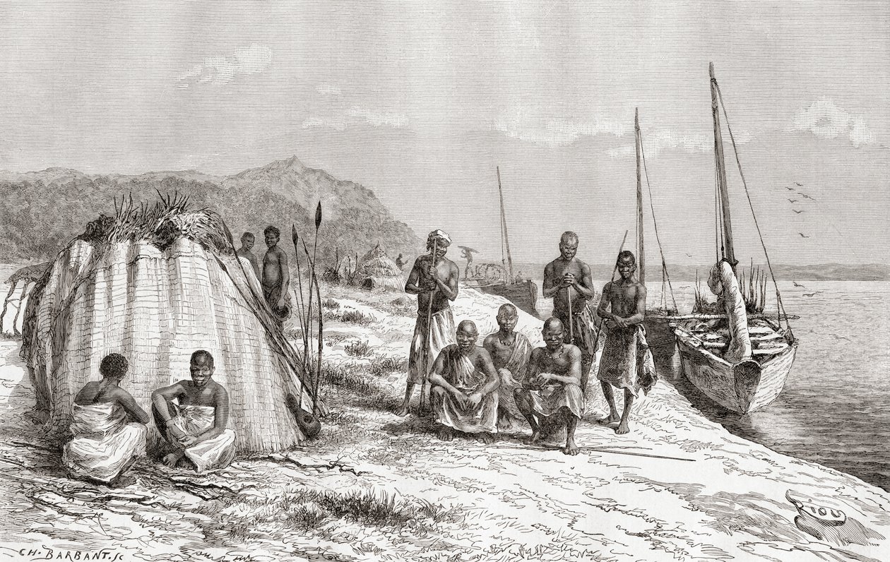Kongon heimomiehet veneillään Kongo-joella 1800-luvulla, "Africa Pintoresca", julkaistu 1888 tekijältä Spanish School