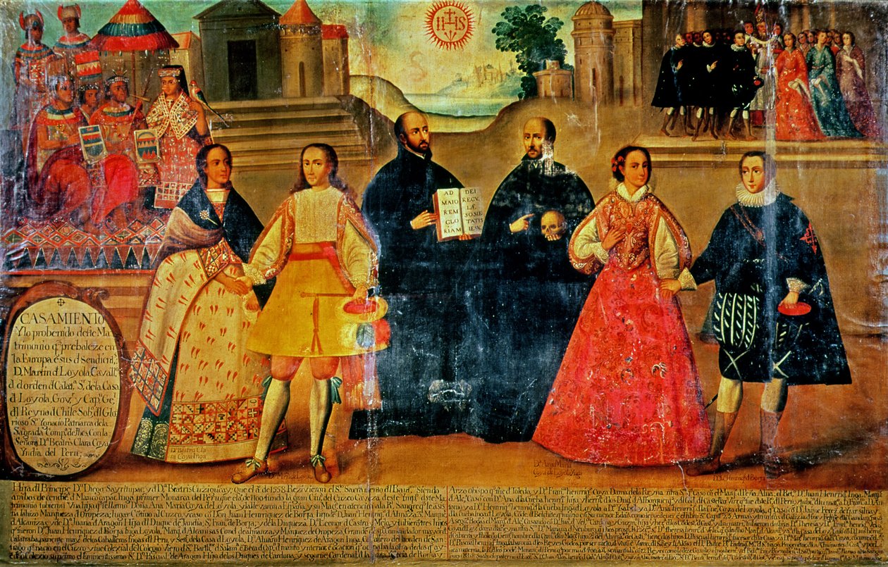 Tuplahäät kahden inkan naisen ja kahden espanjalaisen välillä vuonna 1558, n. 1750 (paneeli) tekijältä Spanish School