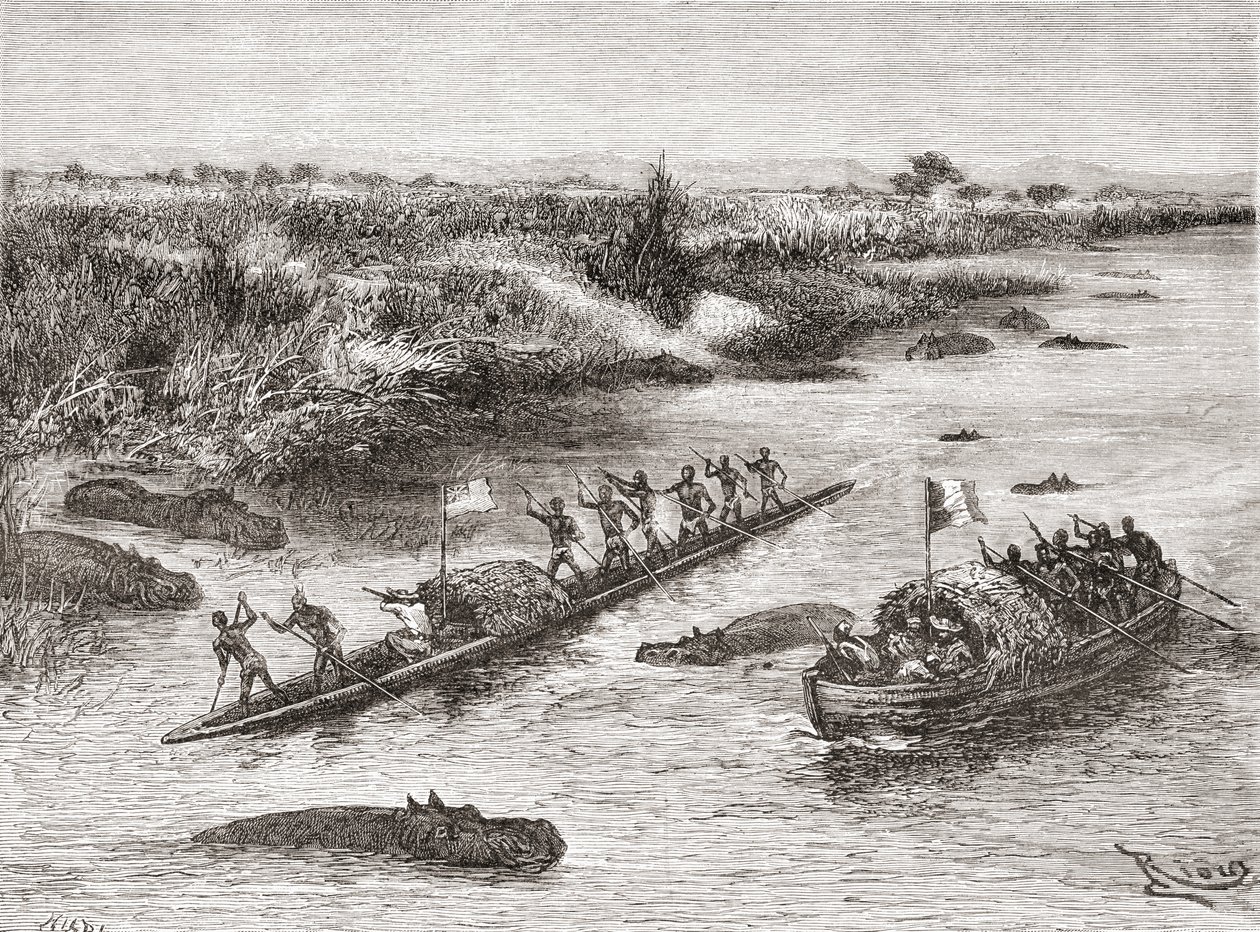 Ranskalaiset ja brittiläiset tutkimusmatkailijat metsästämässä virtahepoa Kongo-joella 1800-luvulla, vuodelta 1888 peräisin oleva teos "Africa Pintoresca". tekijältä Spanish School