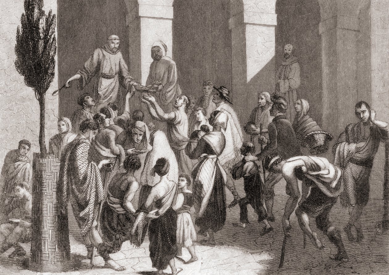 Keittoa jaetaan köyhille Santa Madronan luostarista, Barcelonasta, Espanjasta tekijältä Spanish School