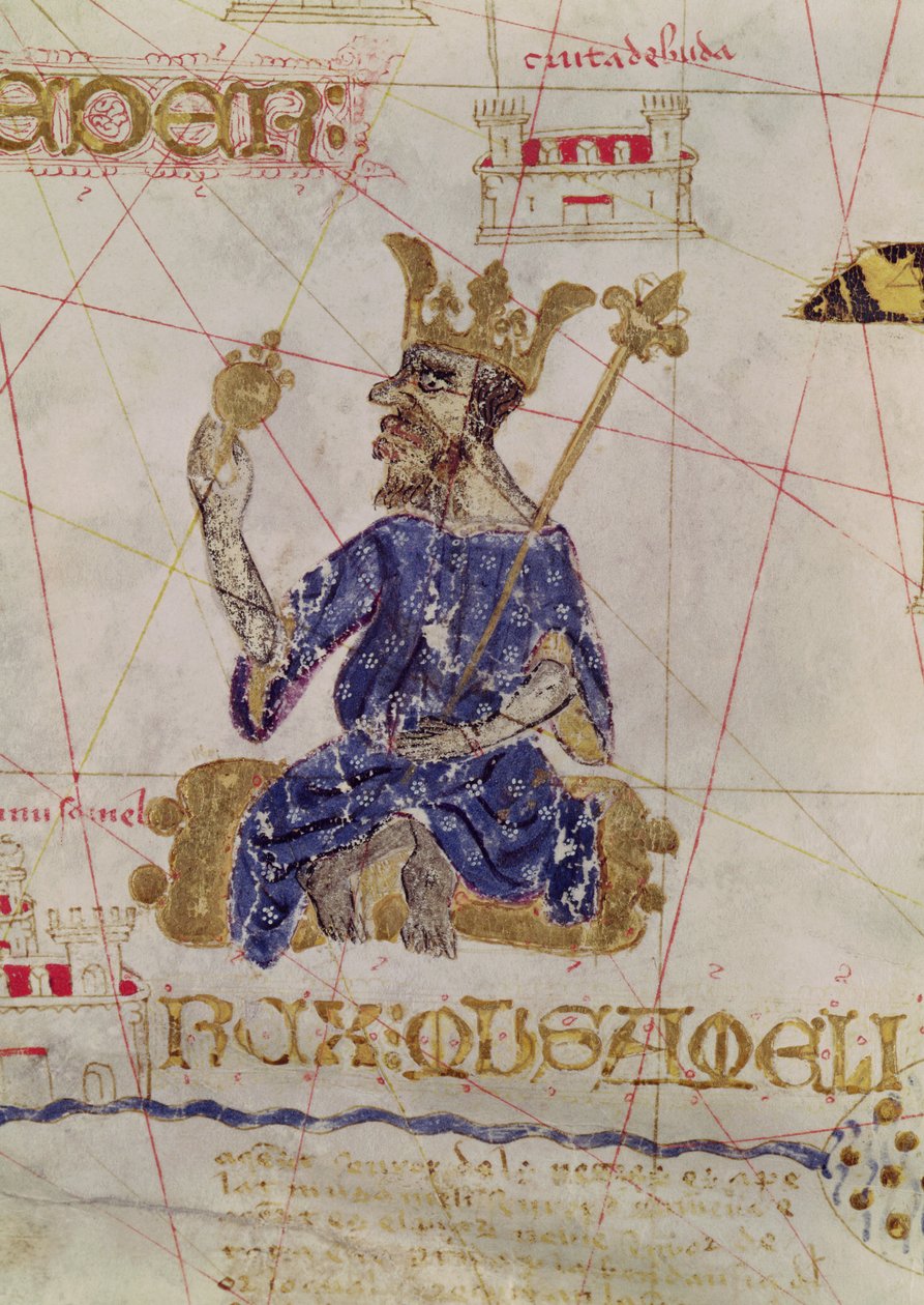 Kankou Mousa, Malin kuningas, Kaarle V:n kartalta, Mecia de Viladestesin kartta, Euroopan ja Pohjois-Afrikan kartta, 1413. tekijältä Spanish School