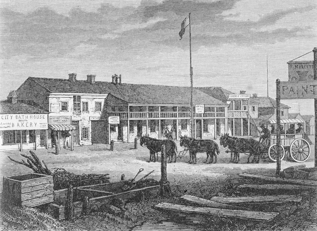 Salt Lake Cityn pääkatu 1860-luvulla Utahissa, Madridissa 1865 julkaistusta La Vuelta al Mundosta tekijältä Spanish School