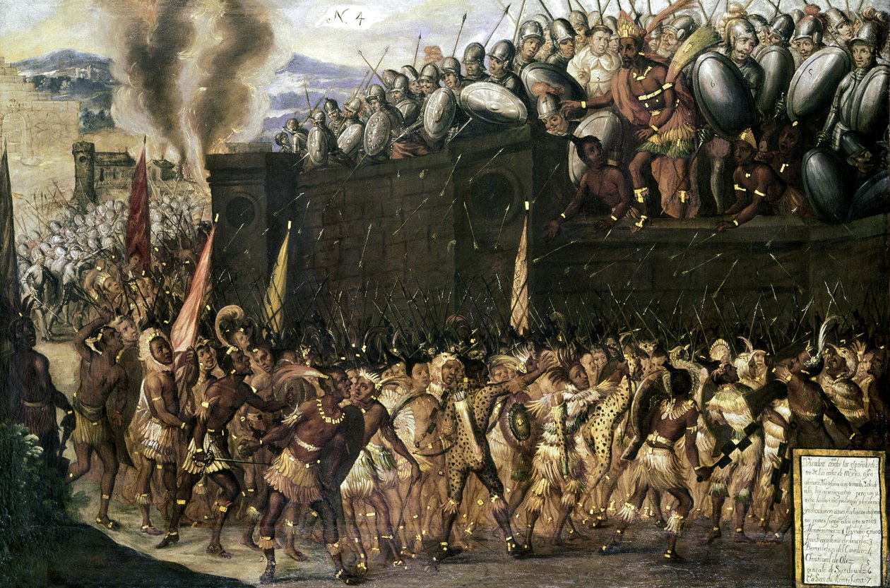 Espanjalaisten vangitsema Montezuma (1466-1547) pyytää atsteekkeja antautumaan, kun nämä hyökkäävät hänen palatsiinsa vuonna 1520 (paneeli nro 4) tekijältä Spanish School