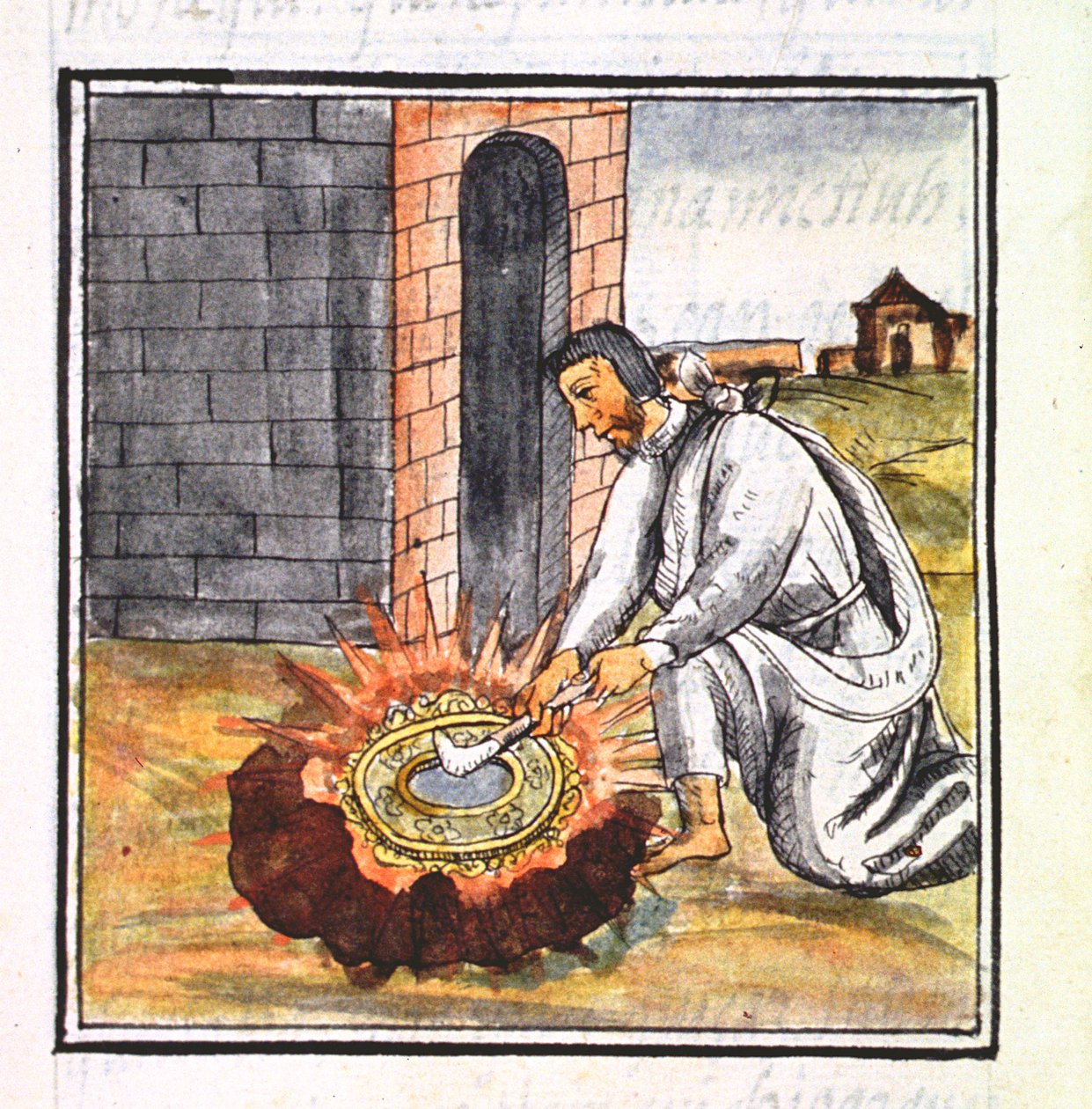 Ms Palat. 218-220 Kirja IX Eurooppalainen valmistamassa reliikkikaaria, Bernardino de Sahagunin Florentiinalaisesta koodeksista, n. 1540-85. tekijältä Spanish School