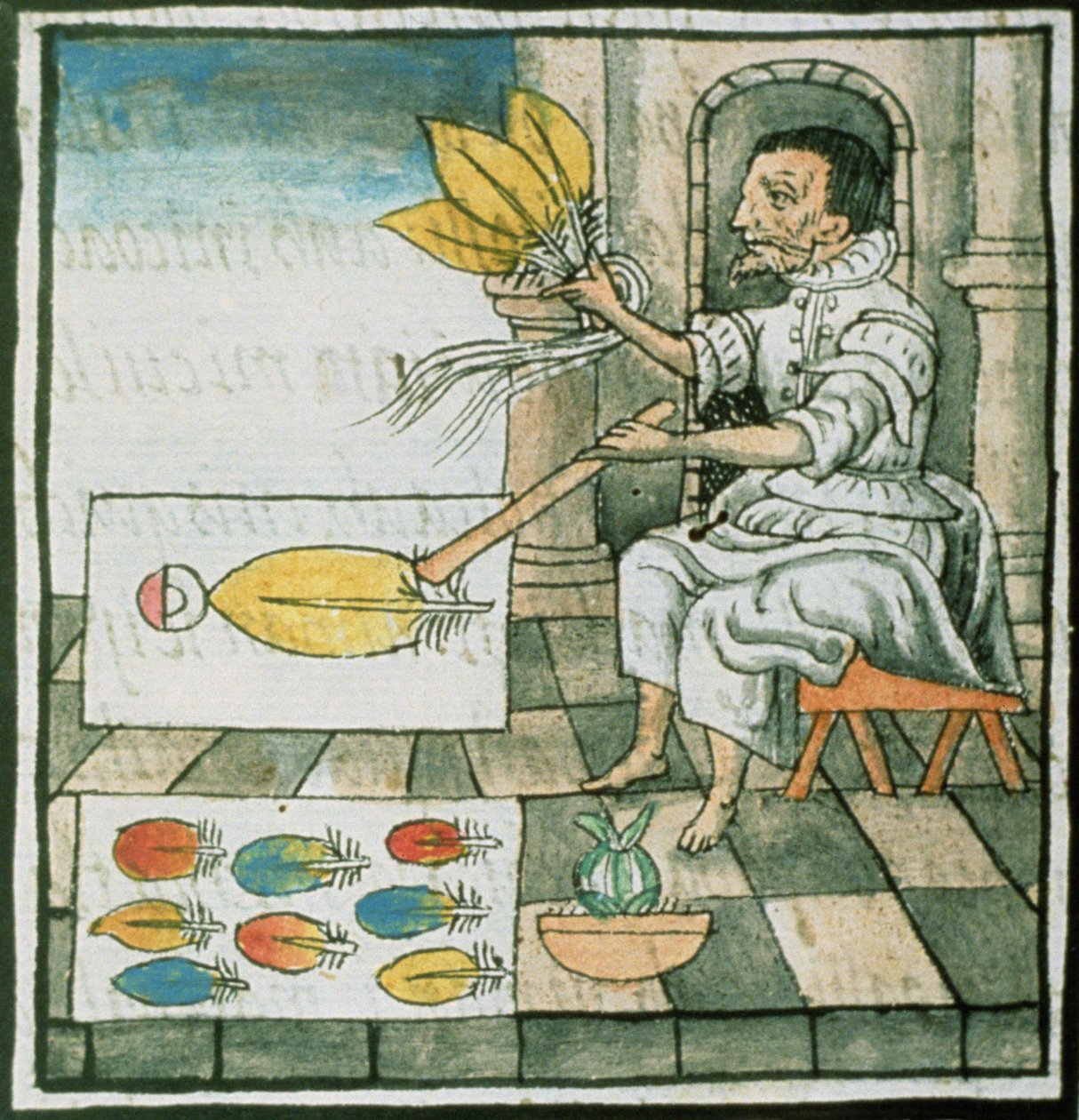 Ms Palat 218-220 Kirja IX Atsteekkien höyhenkäsityöläinen, Bernardino de Sahagunin "Florentinan koodeksista", n. 1540-85 tekijältä Spanish School