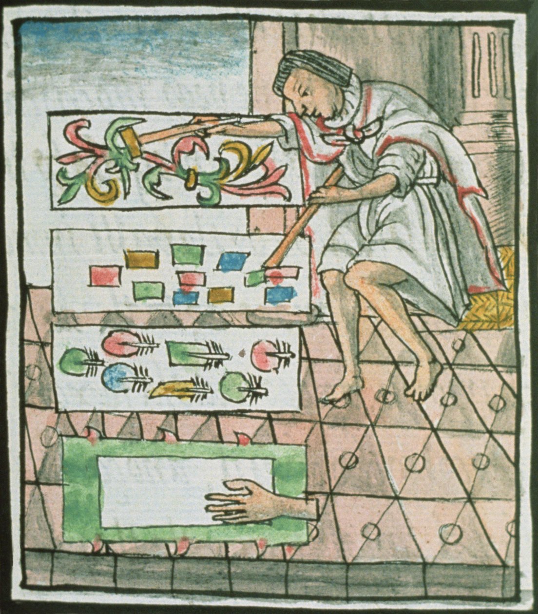 Ms Palat. 218-220 Book IX Aztec feather artisan designing at cutting patterns, mula sa 