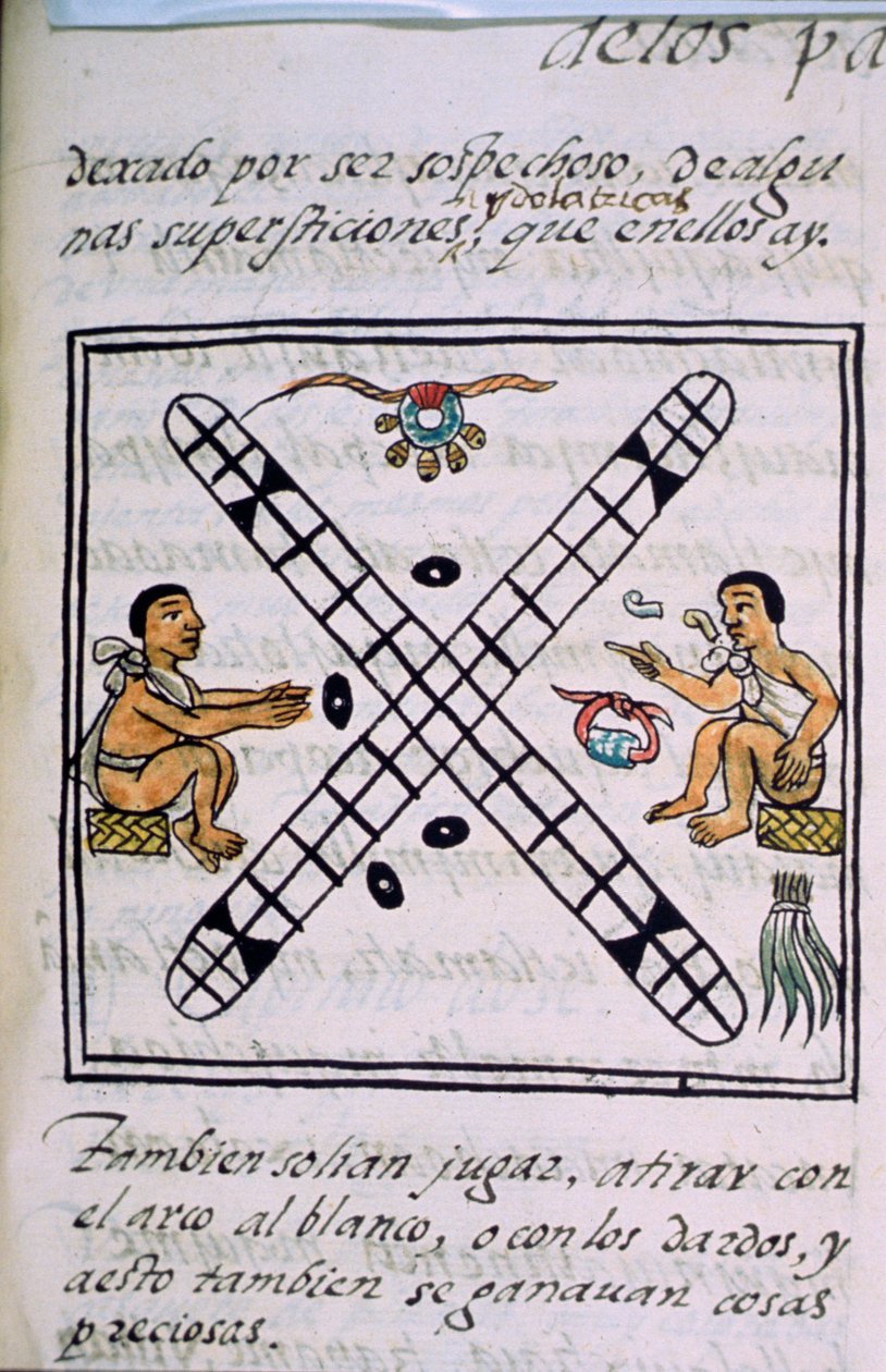 rouva Palat. 218-220 Kirja IX Atsteekkien miehet pelaamassa Patolia, Bernardino de Sahagunin "Firenzen koodeksista", n. 1540-85 tekijältä Spanish School
